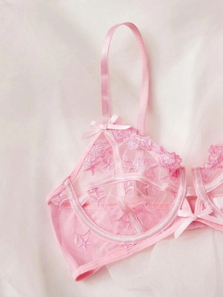 Flower Embroidery Mesh Underwire Lingerie Set-Soco Hoodie