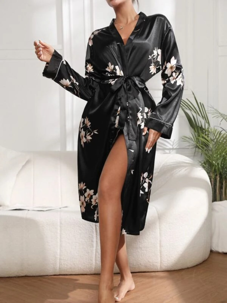 Flower Print Belted Satin Robe-Soco Hoodie