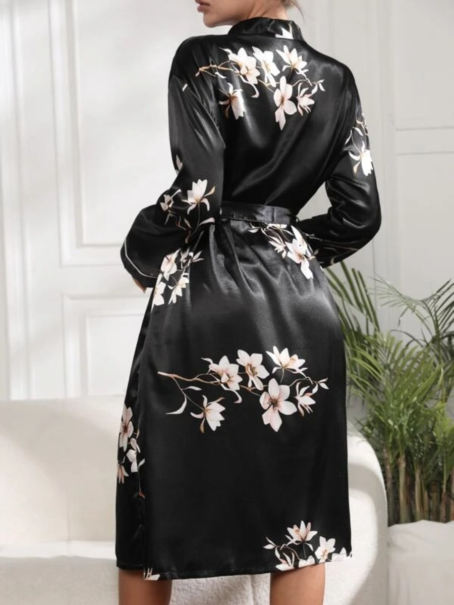 Flower Print Belted Satin Robe-Soco Hoodie