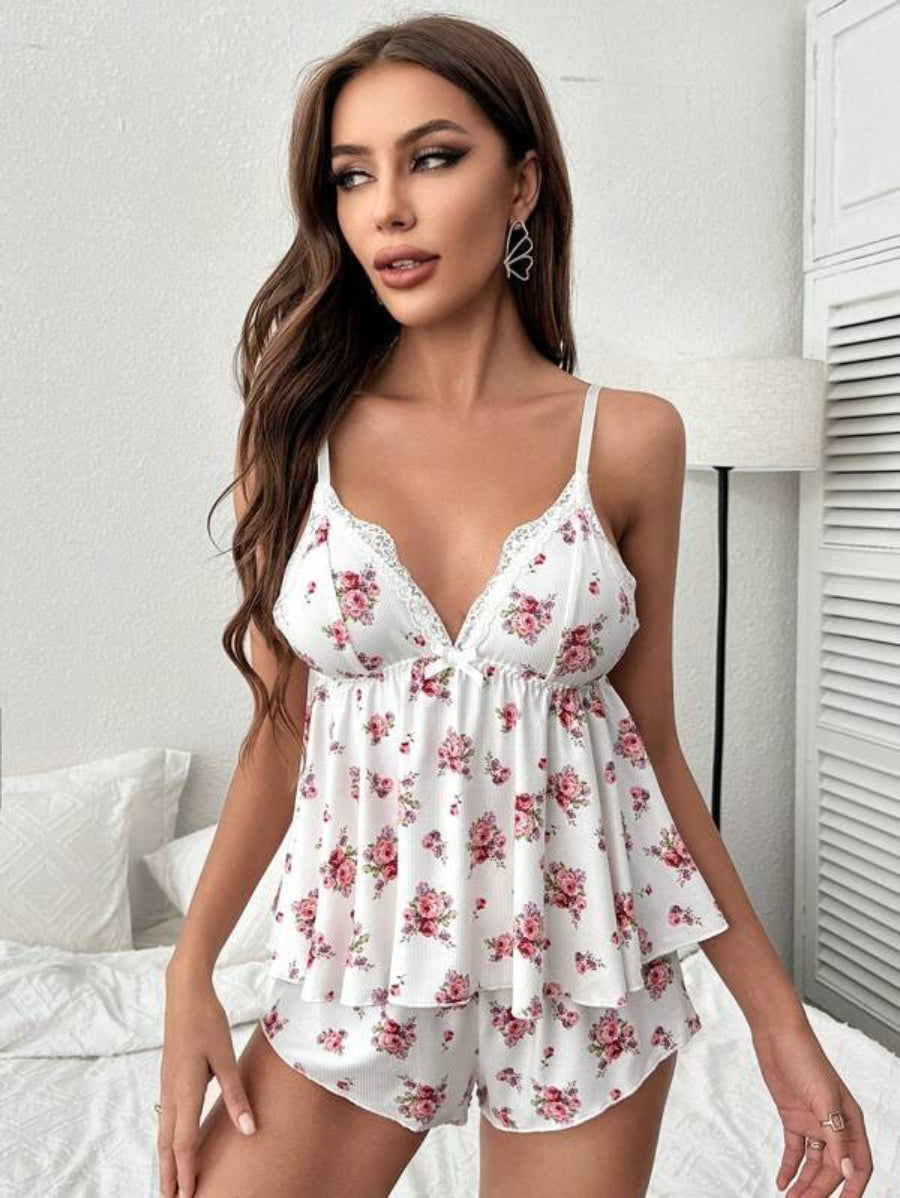 Flower Print Lace Trim Cami Top And Shorts Set-Soco Hoodie