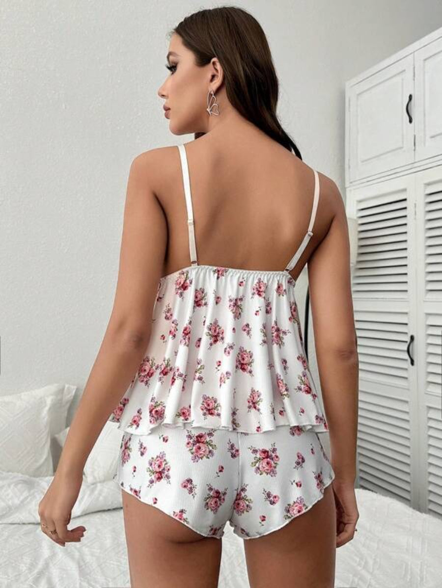 Flower Print Lace Trim Cami Top And Shorts Set-Soco Hoodie