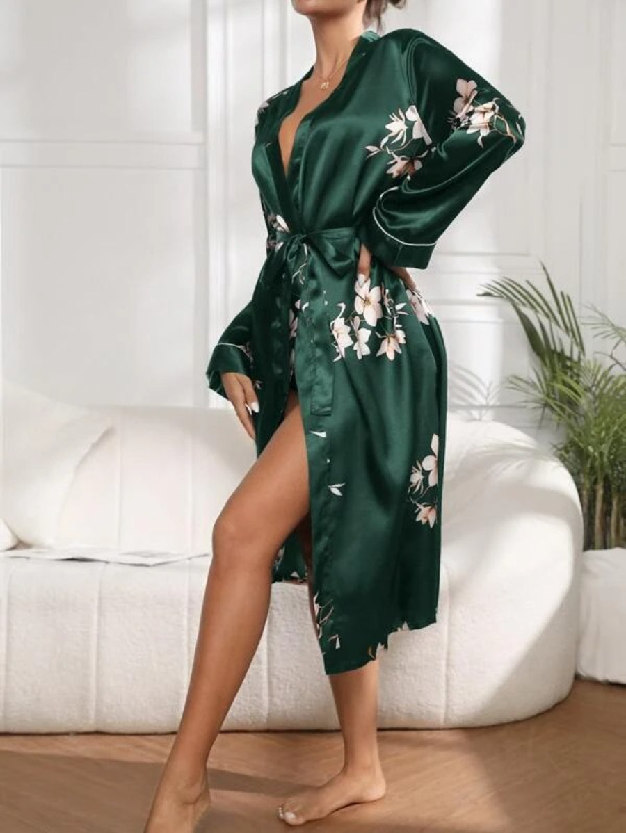 Flower Printed Belted Satin Robe-Soco Hoodie