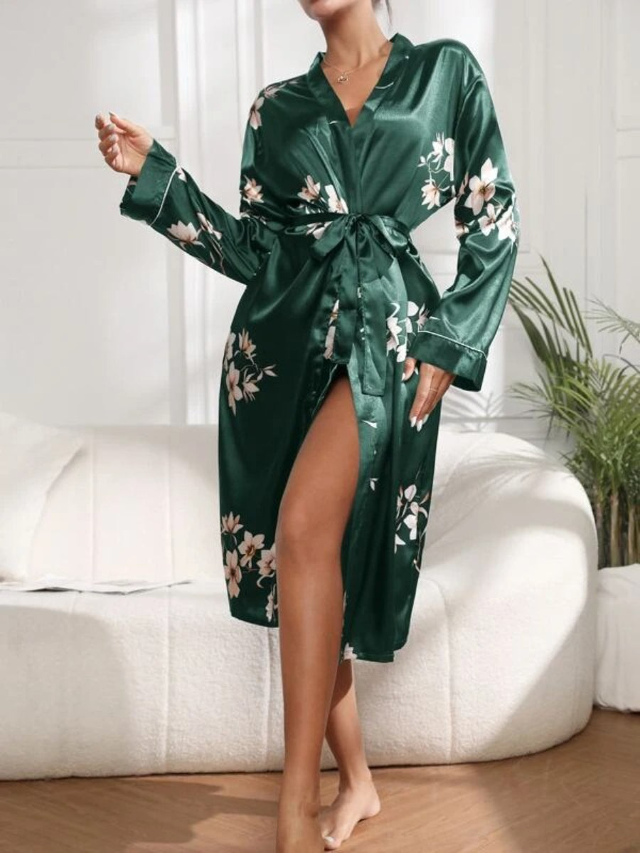 Flower Printed Belted Satin Robe-Soco Hoodie