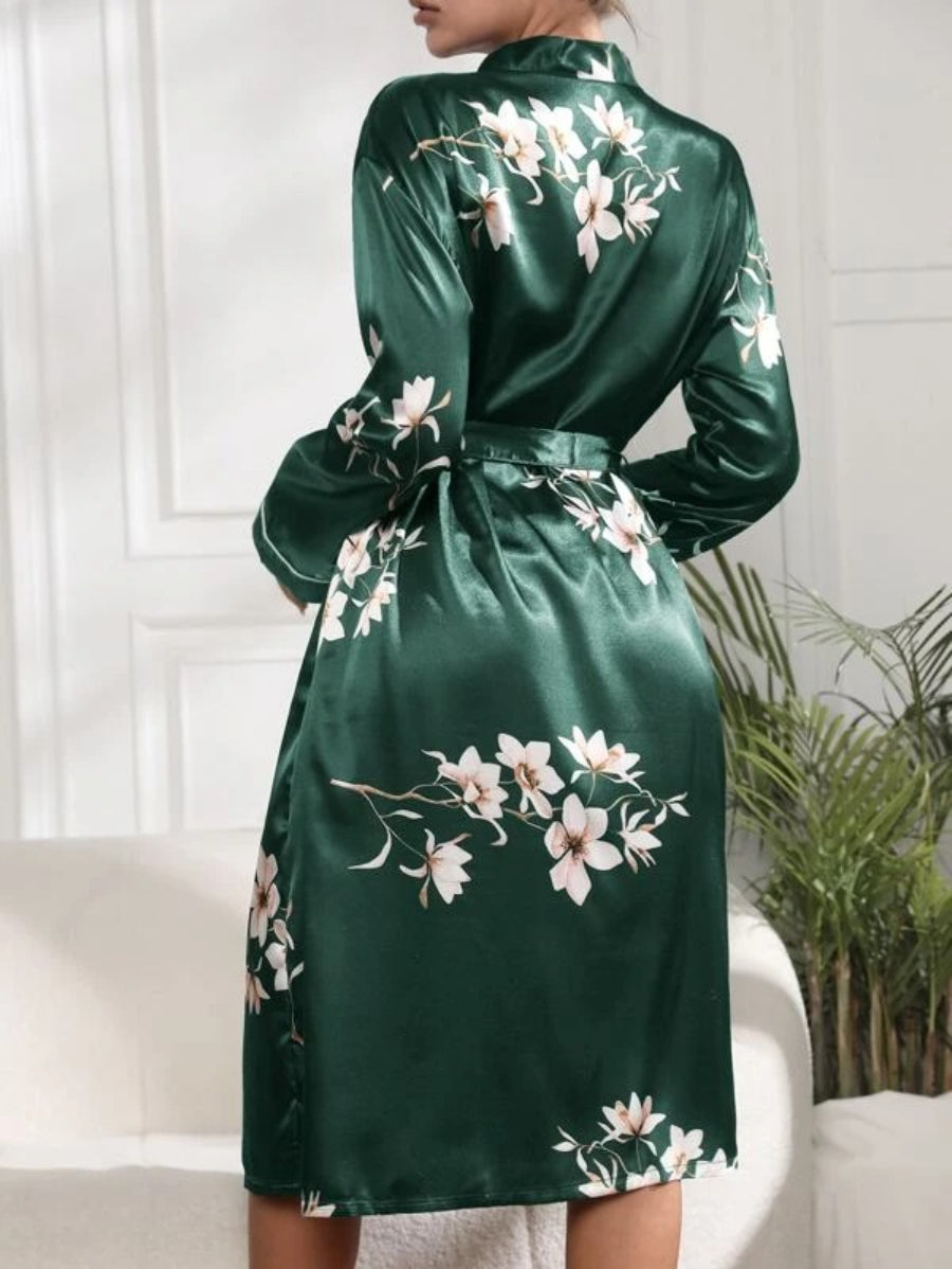 Flower Printed Belted Satin Robe-Soco Hoodie