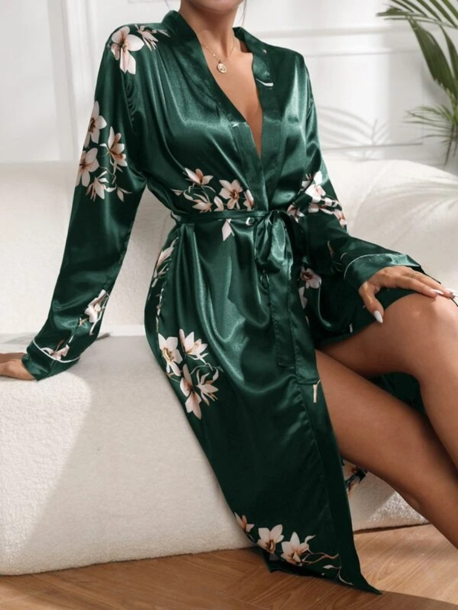 Flower Printed Belted Satin Robe-Soco Hoodie