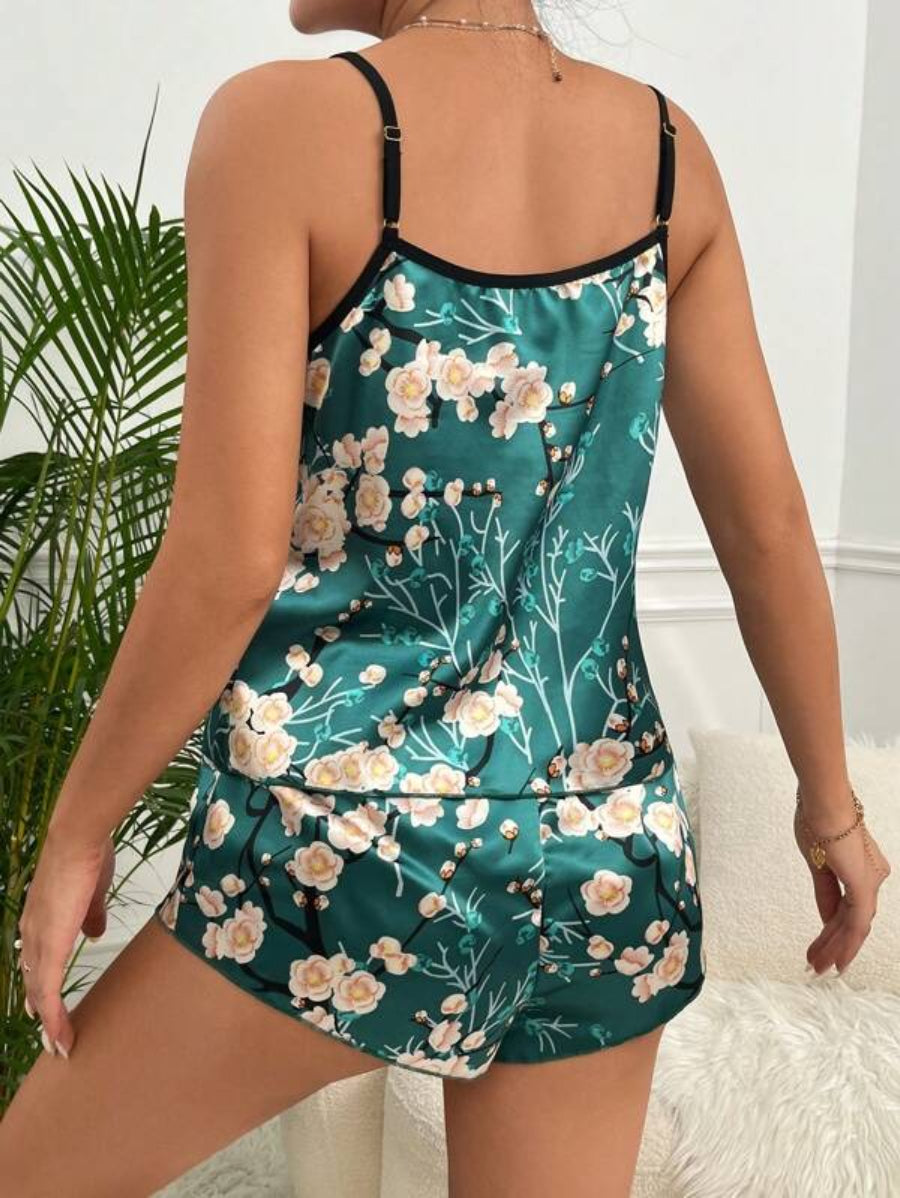Flower Printed Satin Cami Top And Shorts Set-Soco Hoodie