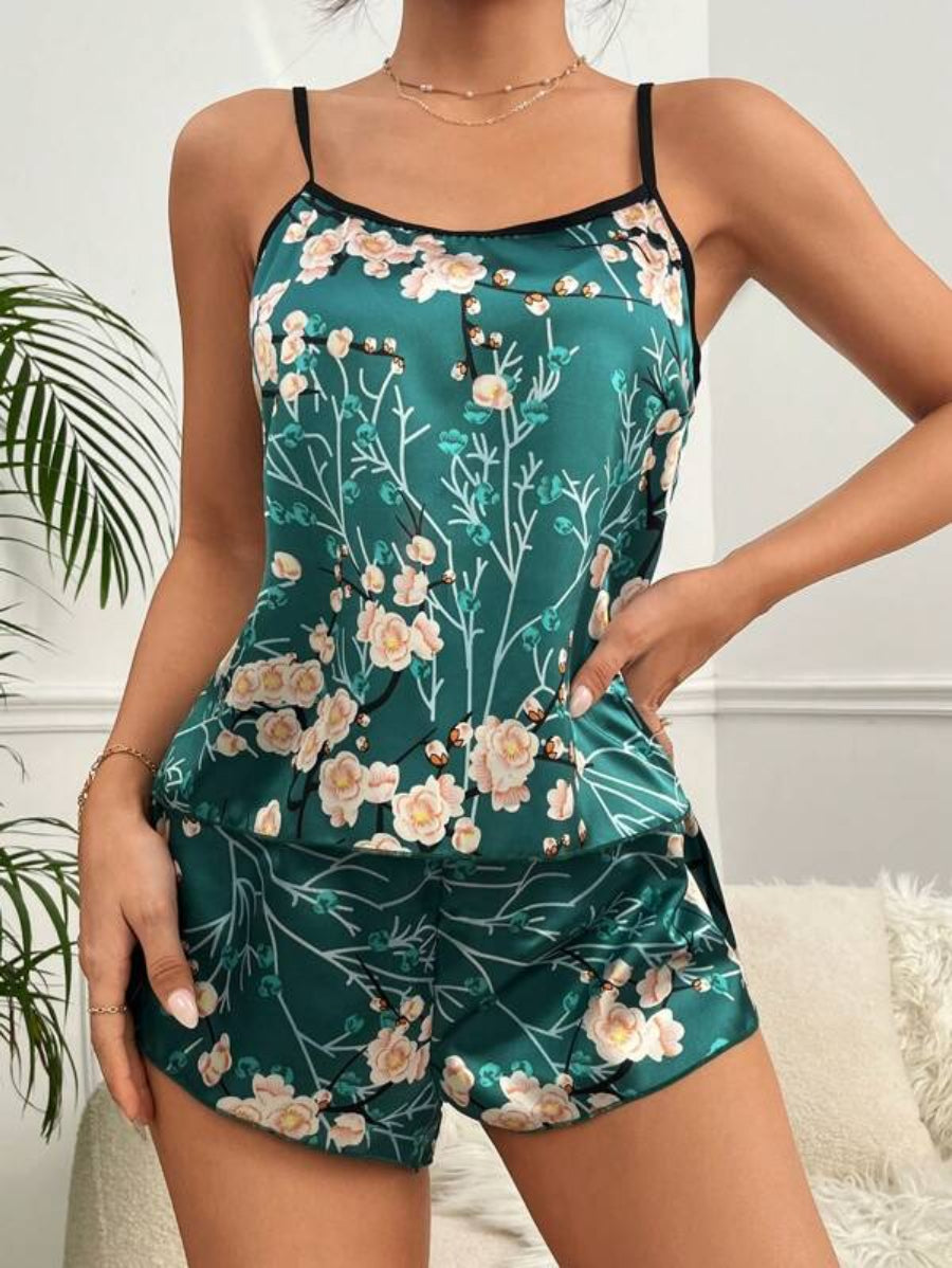 Flower Printed Satin Cami Top And Shorts Set-Soco Hoodie