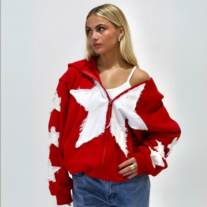 Frayed Star Embellished Zip Up Jacket Red
