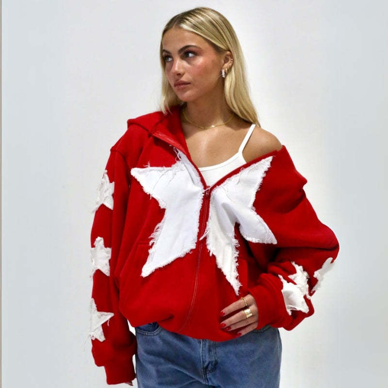 Frayed Star Embellished Zip Up Jacket Red