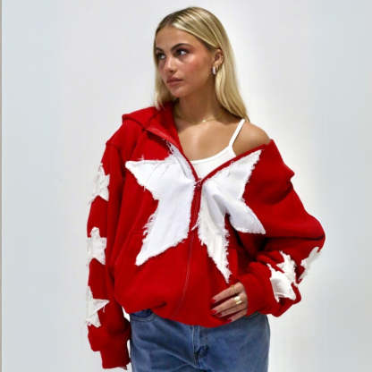 Frayed Star Embellished Zip Up Jacket Red