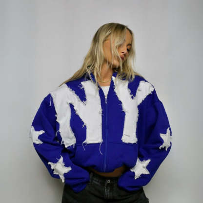 Frayed Star Embellished Zip Up Jacket Blue