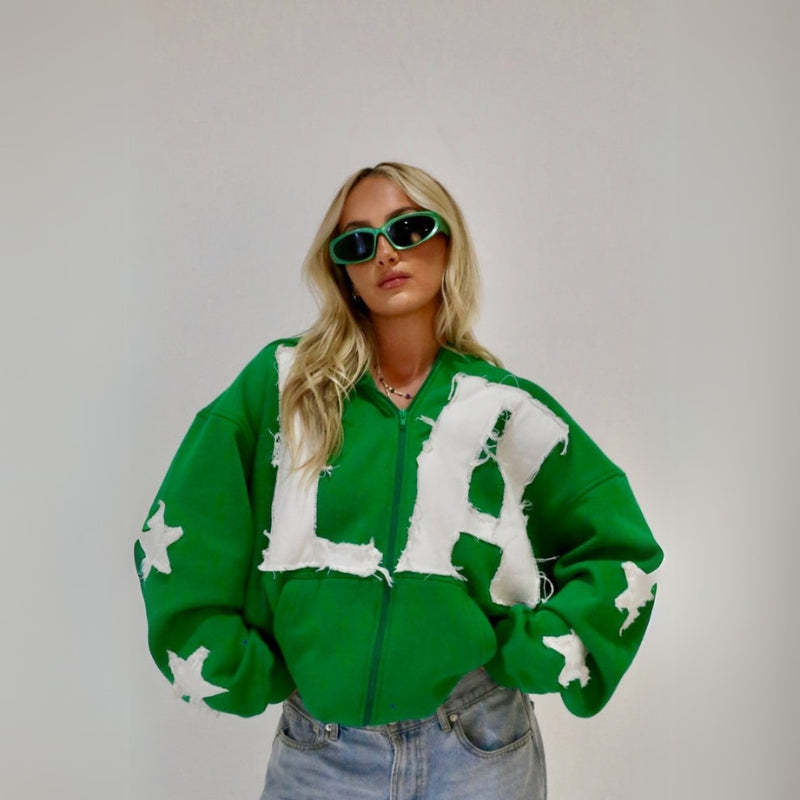 Frayed Star Embellished Zip Up Jacket Green