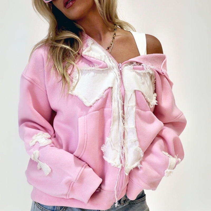 Frayed Star Embellished Zip Up Jacket Pink