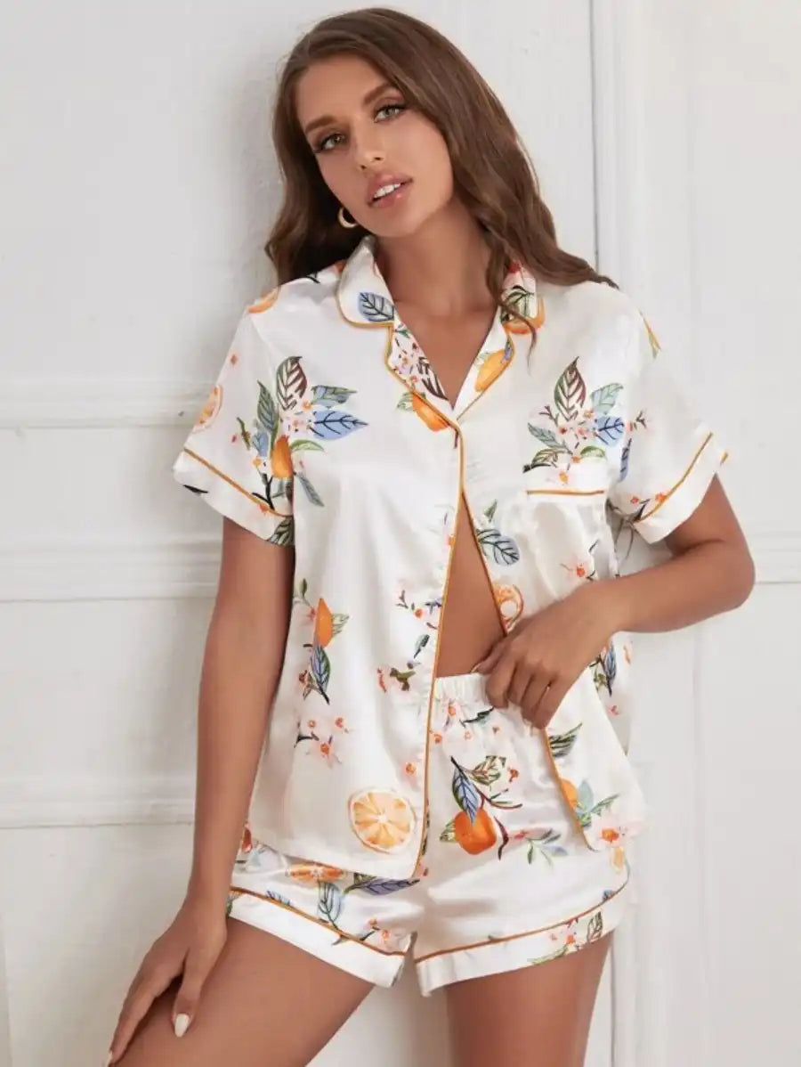 Fruit Print Contrast Piping Satin Night Set-Soco Hoodie