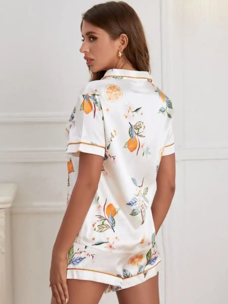 Fruit Print Contrast Piping Satin Night Set-Soco Hoodie