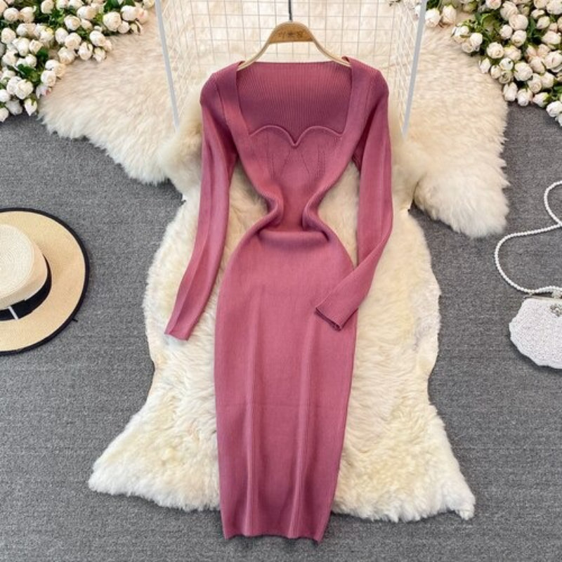 Women's Low-Neck Leaky Tight Stretch Knitted Dress-Soco Hoodie
