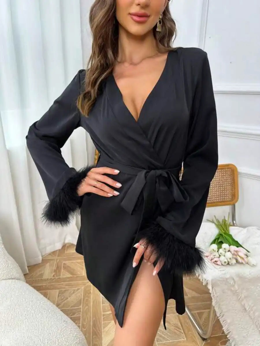 Fuzzy Cuff Belted Robe-Soco Hoodie