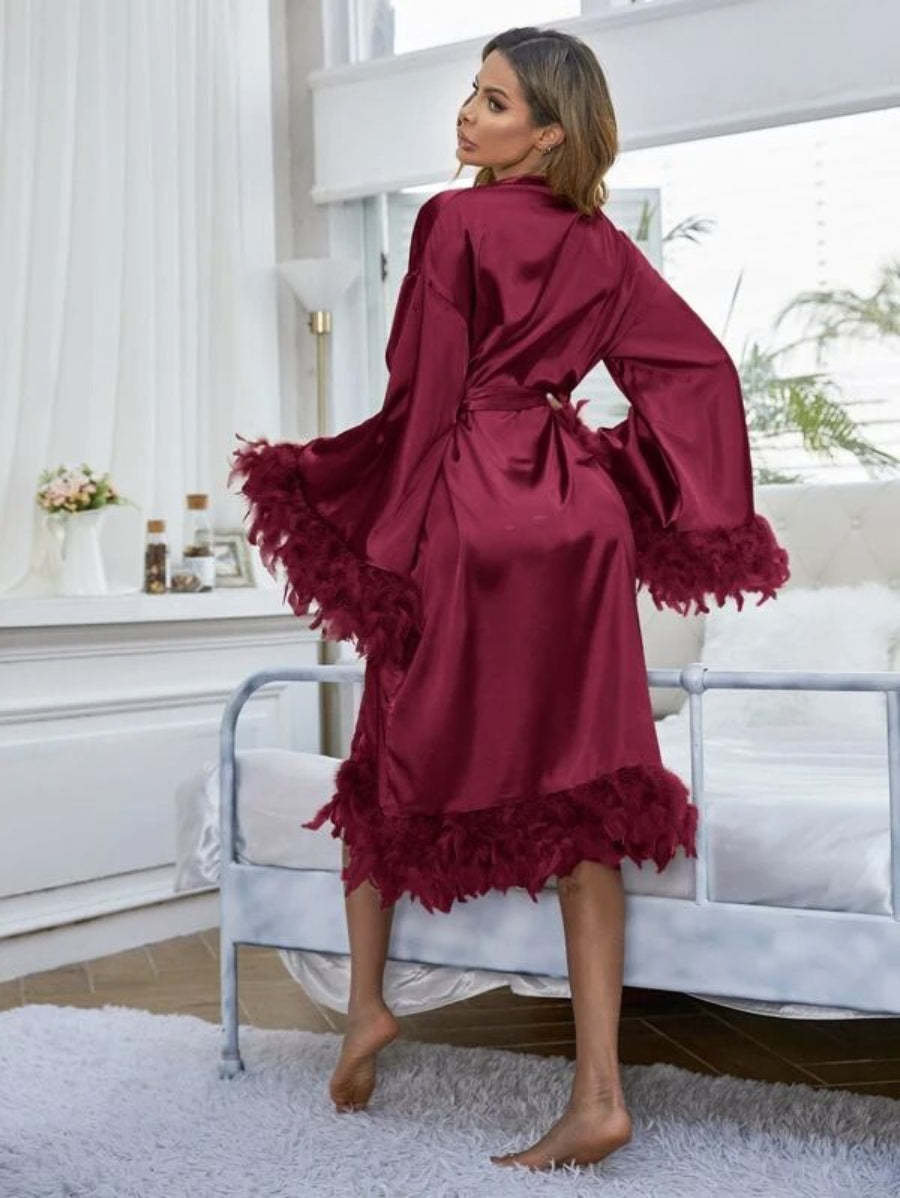 Fuzzy Trim Belted Satin Robe-Soco Hoodie