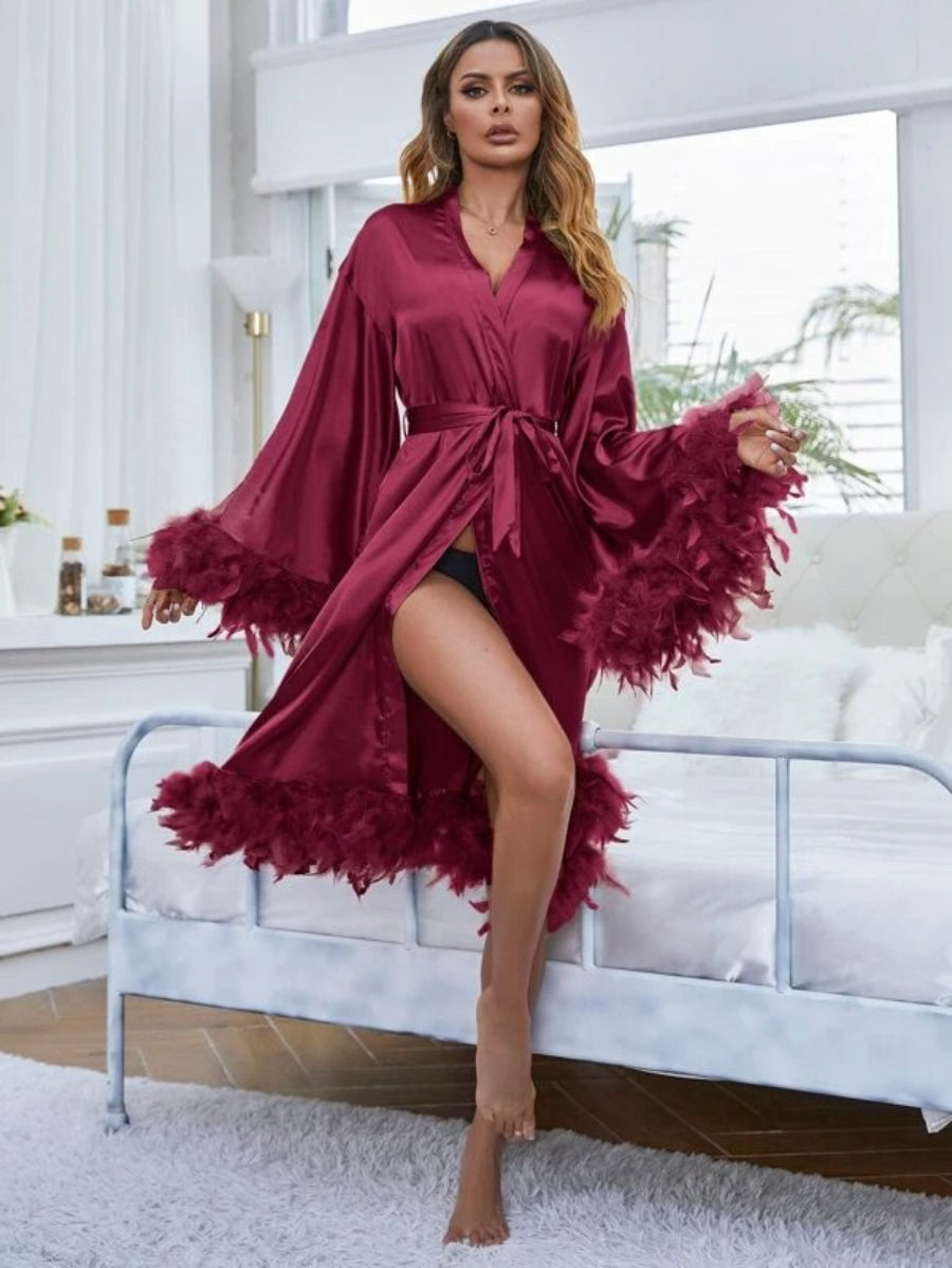Fuzzy Trim Belted Satin Robe-Soco Hoodie