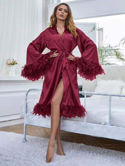 Fuzzy Trim Belted Satin Robe-Soco Hoodie