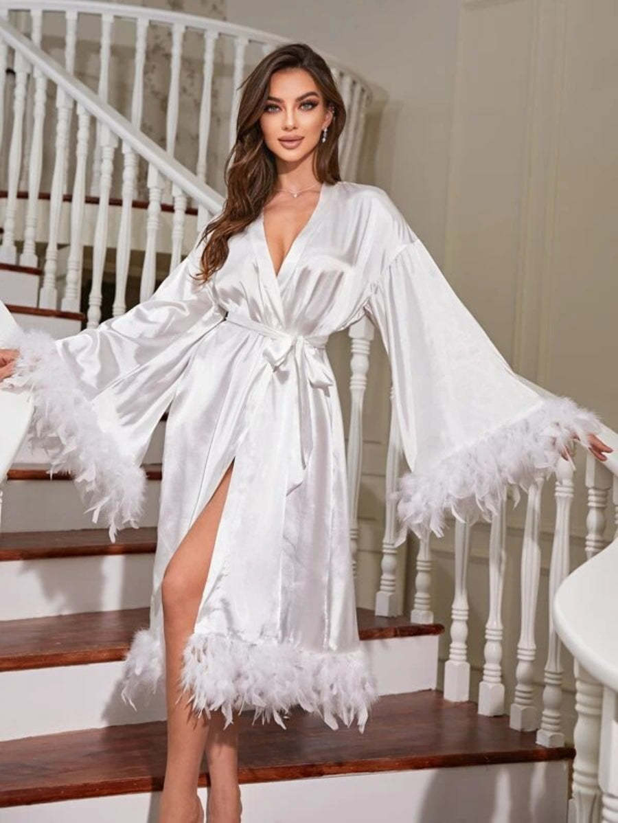 Fuzzy Trim Belted Satin Robe-Soco Hoodie