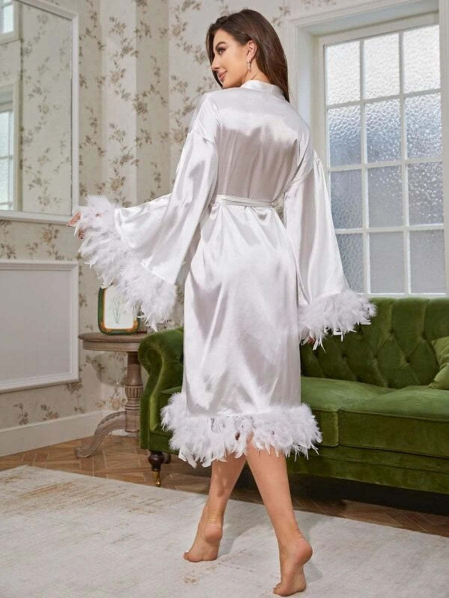 Fuzzy Trim Belted Satin Robe-Soco Hoodie