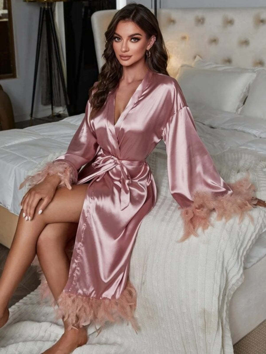 Fuzzy Trim Belted Satin Robe-Soco Hoodie