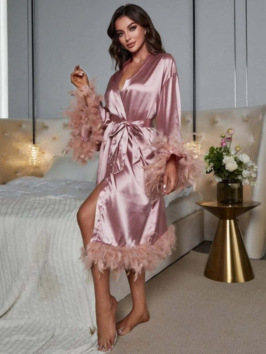 Fuzzy Trim Belted Satin Robe-Soco Hoodie