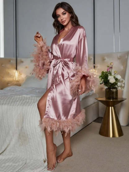 Fuzzy Trim Belted Satin Robe-Soco Hoodie