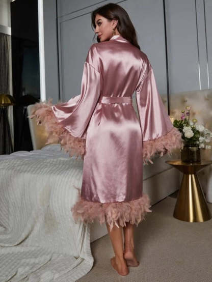Fuzzy Trim Belted Satin Robe-Soco Hoodie