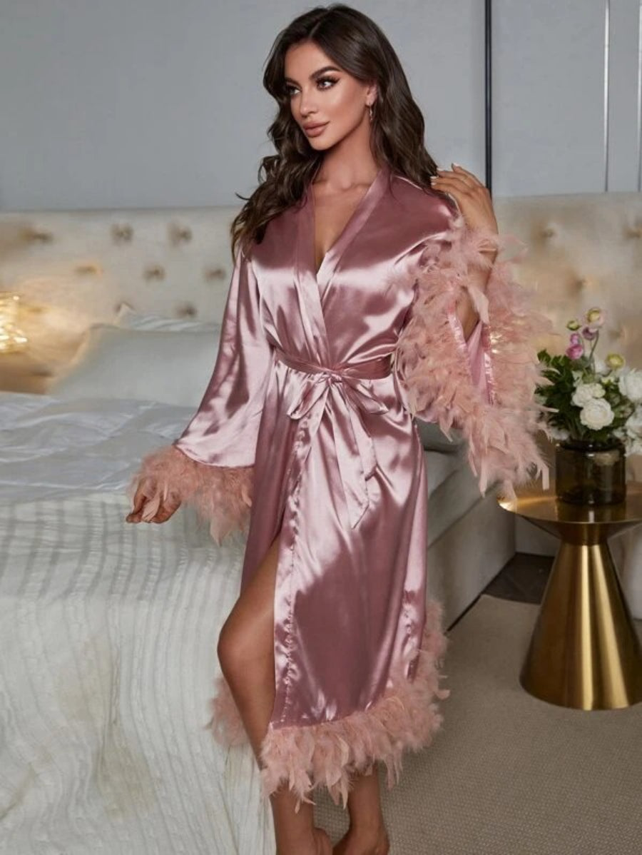 Fuzzy Trim Belted Satin Robe-Soco Hoodie