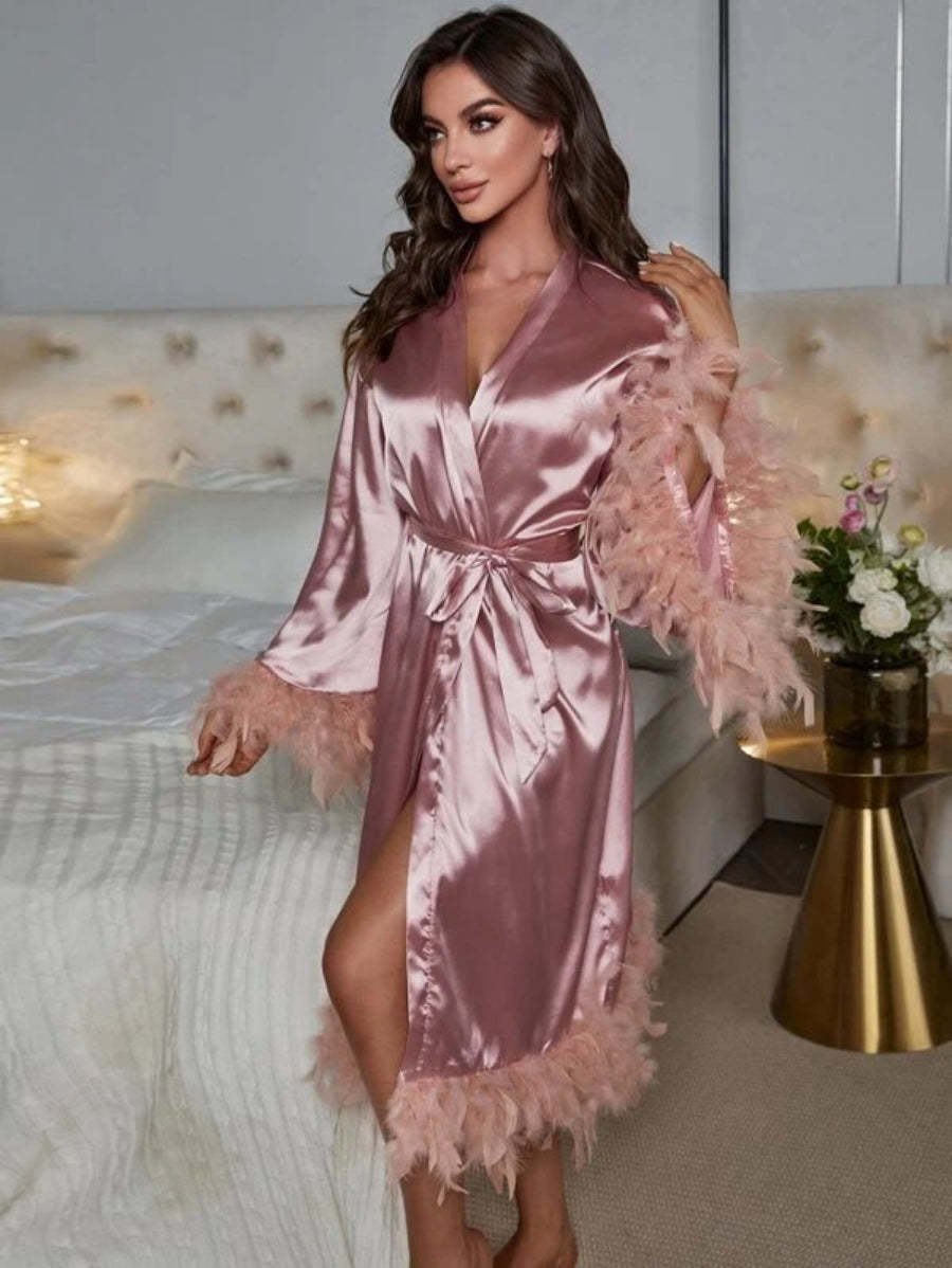 Fuzzy Trim Belted Satin Robe-Soco Hoodie