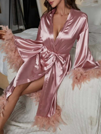 Fuzzy Trim Belted Satin Robe-Soco Hoodie