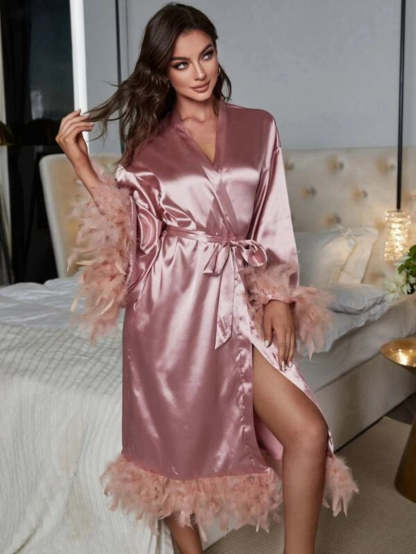 Fuzzy Trim Belted Satin Robe-Soco Hoodie