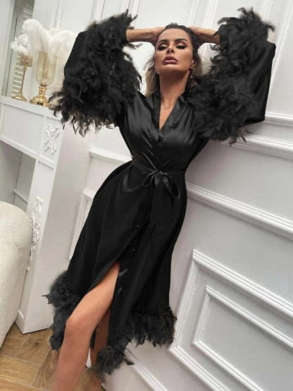 Fuzzy Trim Belted Satin Robe-Soco Hoodie