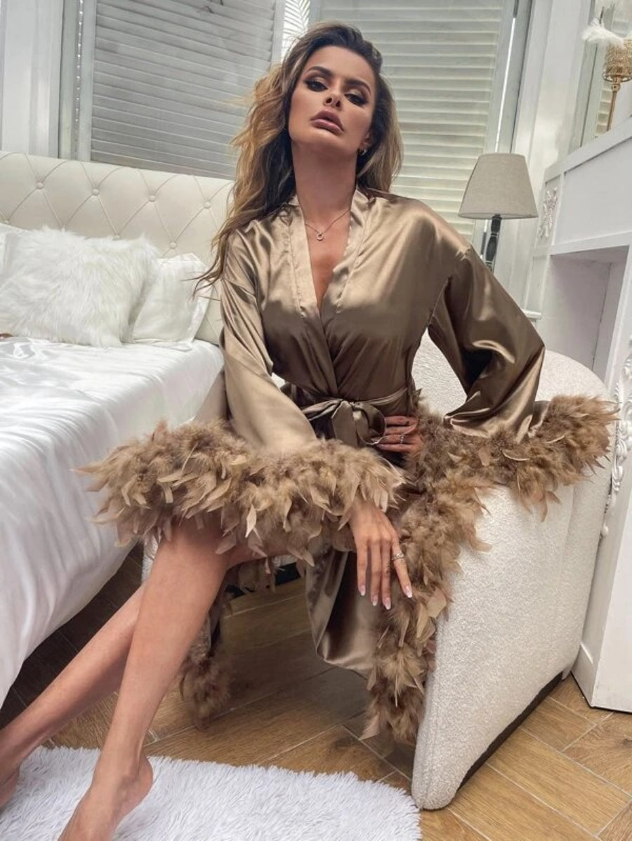 Fuzzy Trim Belted Satin Robe-Soco Hoodie