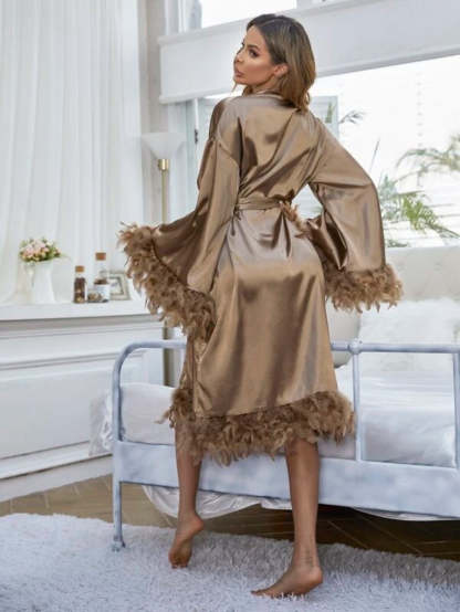 Fuzzy Trim Belted Satin Robe-Soco Hoodie