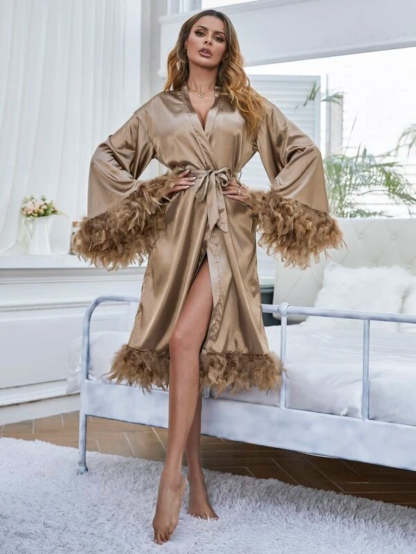 Fuzzy Trim Belted Satin Robe-Soco Hoodie