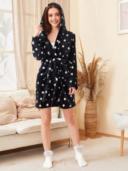 Galaxy Print Self Tie Teddy Robe-Soco Hoodie