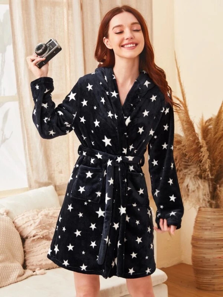 Galaxy Print Self Tie Teddy Robe-Soco Hoodie