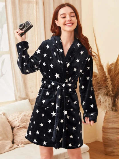 Galaxy Print Self Tie Teddy Robe-Soco Hoodie