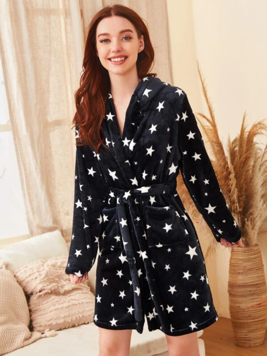 Galaxy Print Self Tie Teddy Robe-Soco Hoodie
