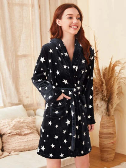 Galaxy Print Self Tie Teddy Robe-Soco Hoodie