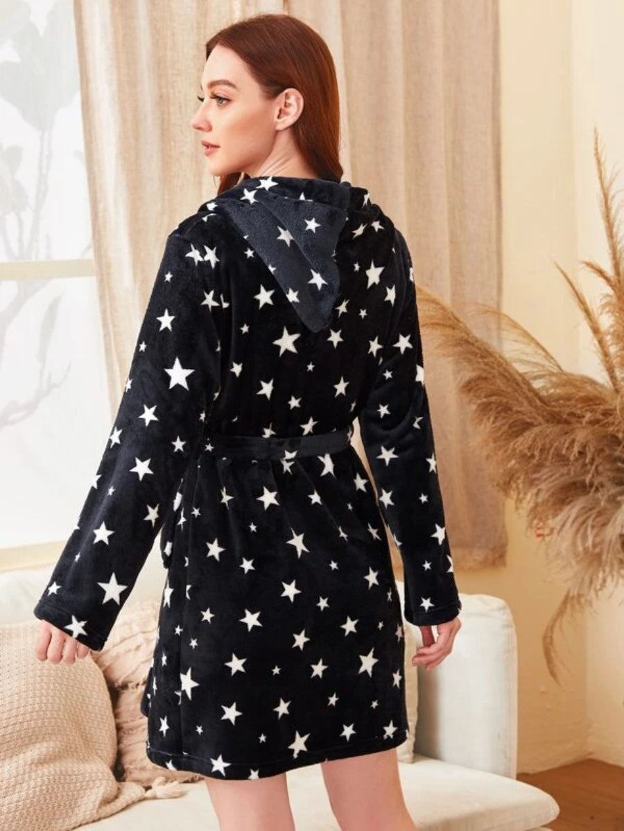 Galaxy Print Self Tie Teddy Robe-Soco Hoodie