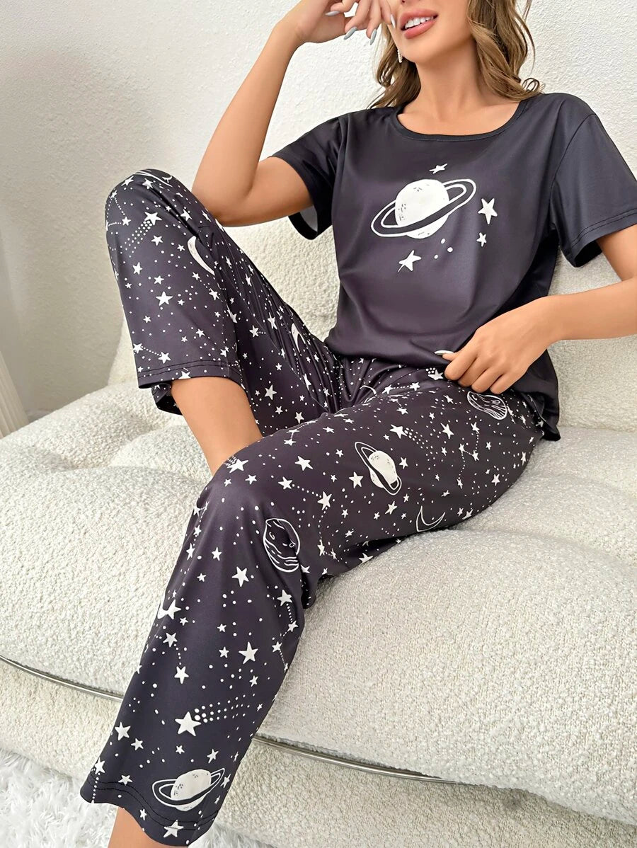 Galaxy Print Tee And Pants Set-Soco Hoodie