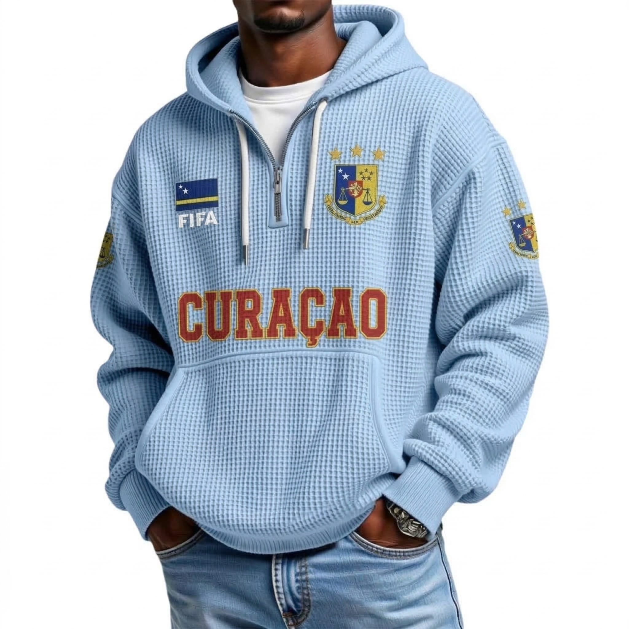 FIFA 2026 Curaçao Printed Waffle Quarter Zip Football Fan Hoodie