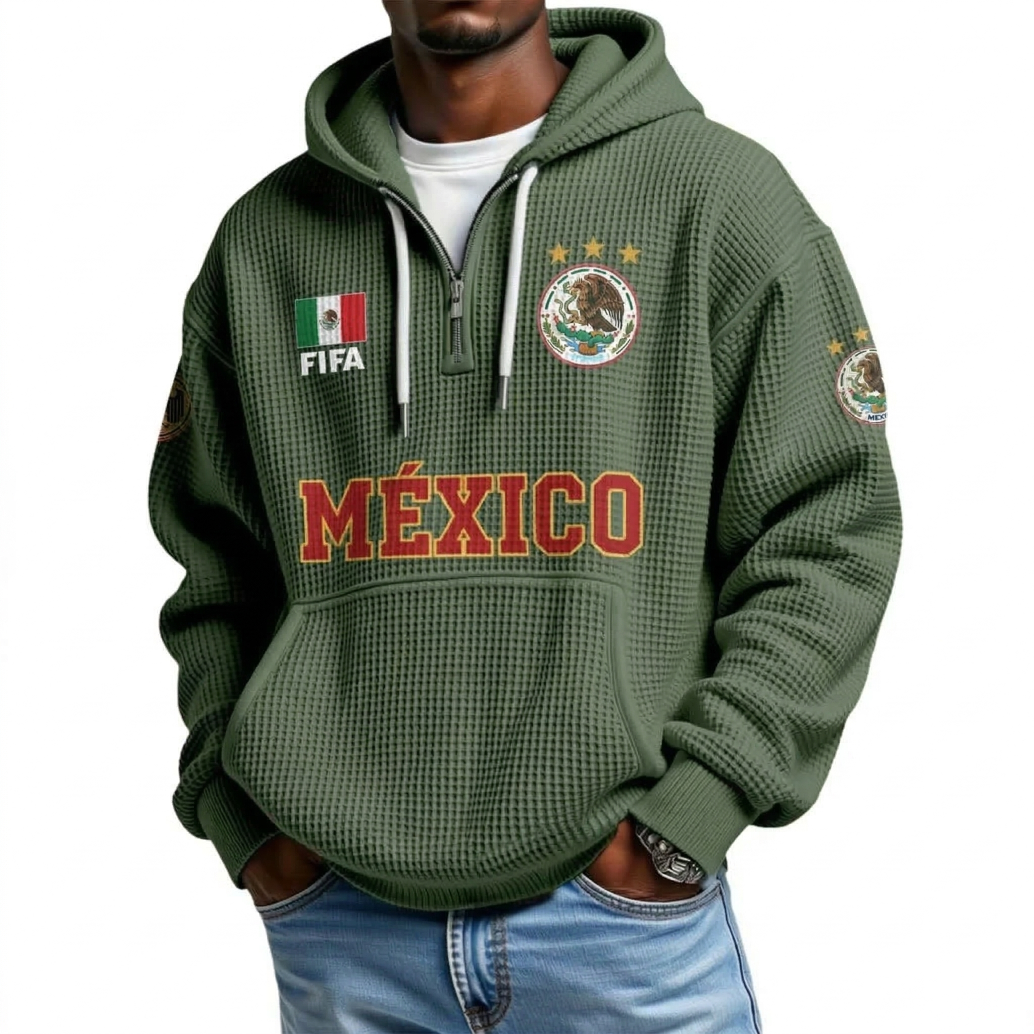 FIFA 2026 Mexico Printed Waffle Quarter Zip Football Fan Hoodie