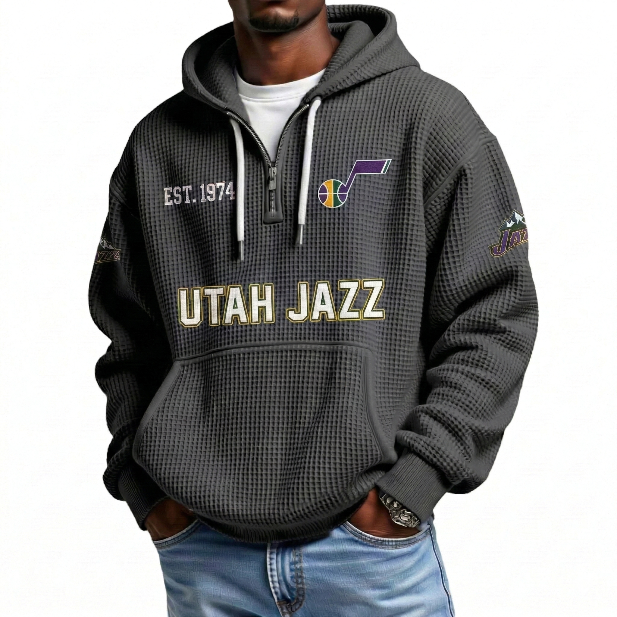 Utah Jazz EST 1974 Printed Waffle Quarter Zip Basketball Fan Hoodie