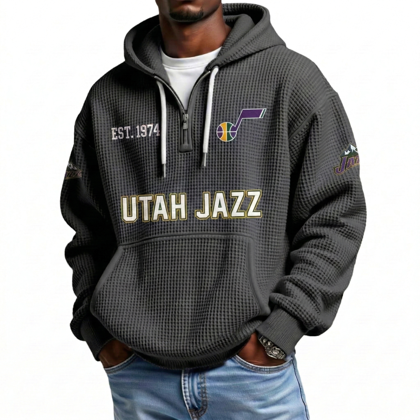 Utah Jazz EST 1974 Printed Waffle Quarter Zip Basketball Fan Hoodie