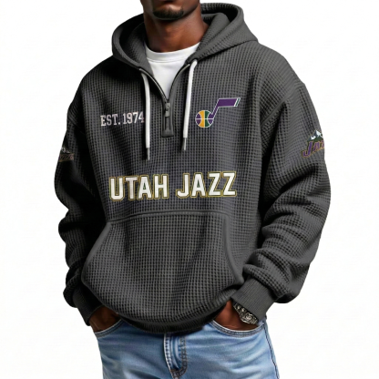 Utah Jazz EST 1974 Printed Waffle Quarter Zip Basketball Fan Hoodie